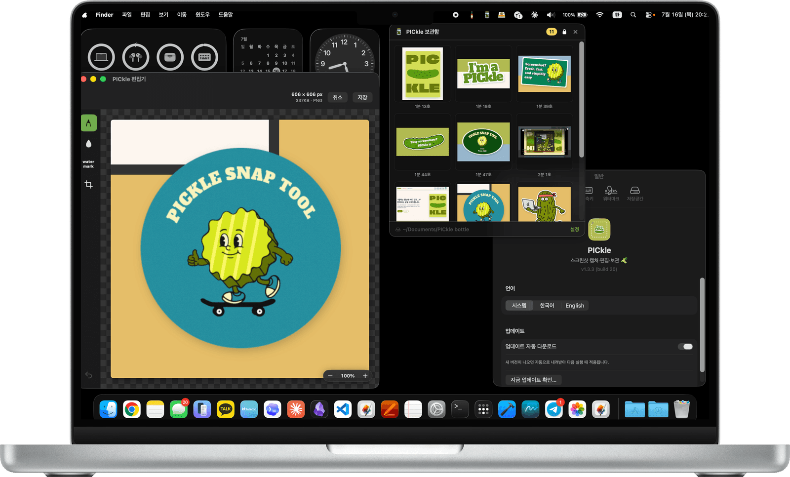 PICkle in action — a MacBook mockup with the editor and tray open
