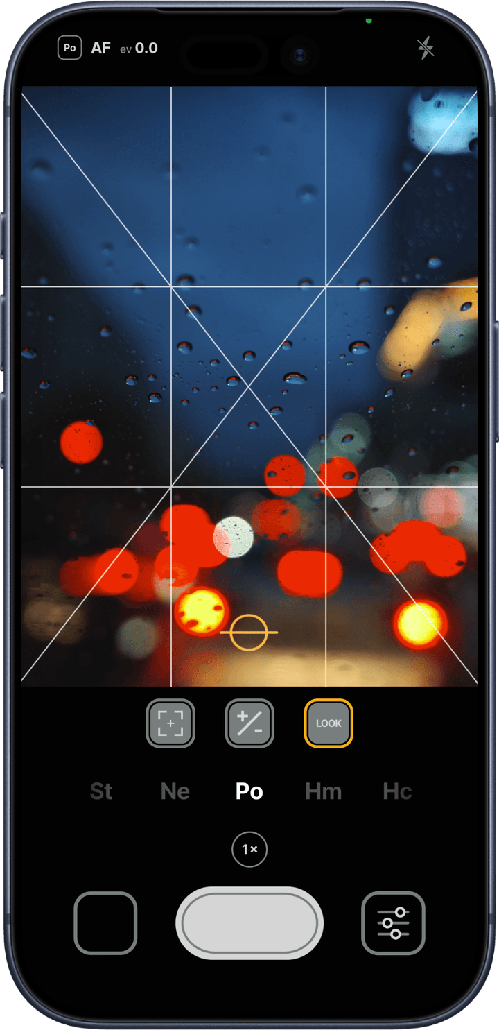 ZRcamera capture screen — an iPhone mockup showing the grid, level, and look-selection dial